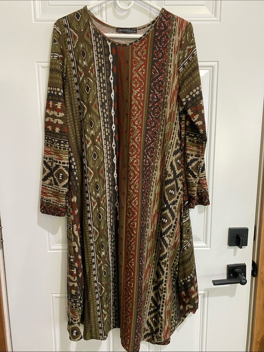 Zanzea Olive, Rust & Black Boho Tribal Long Sleeve Midi Dress